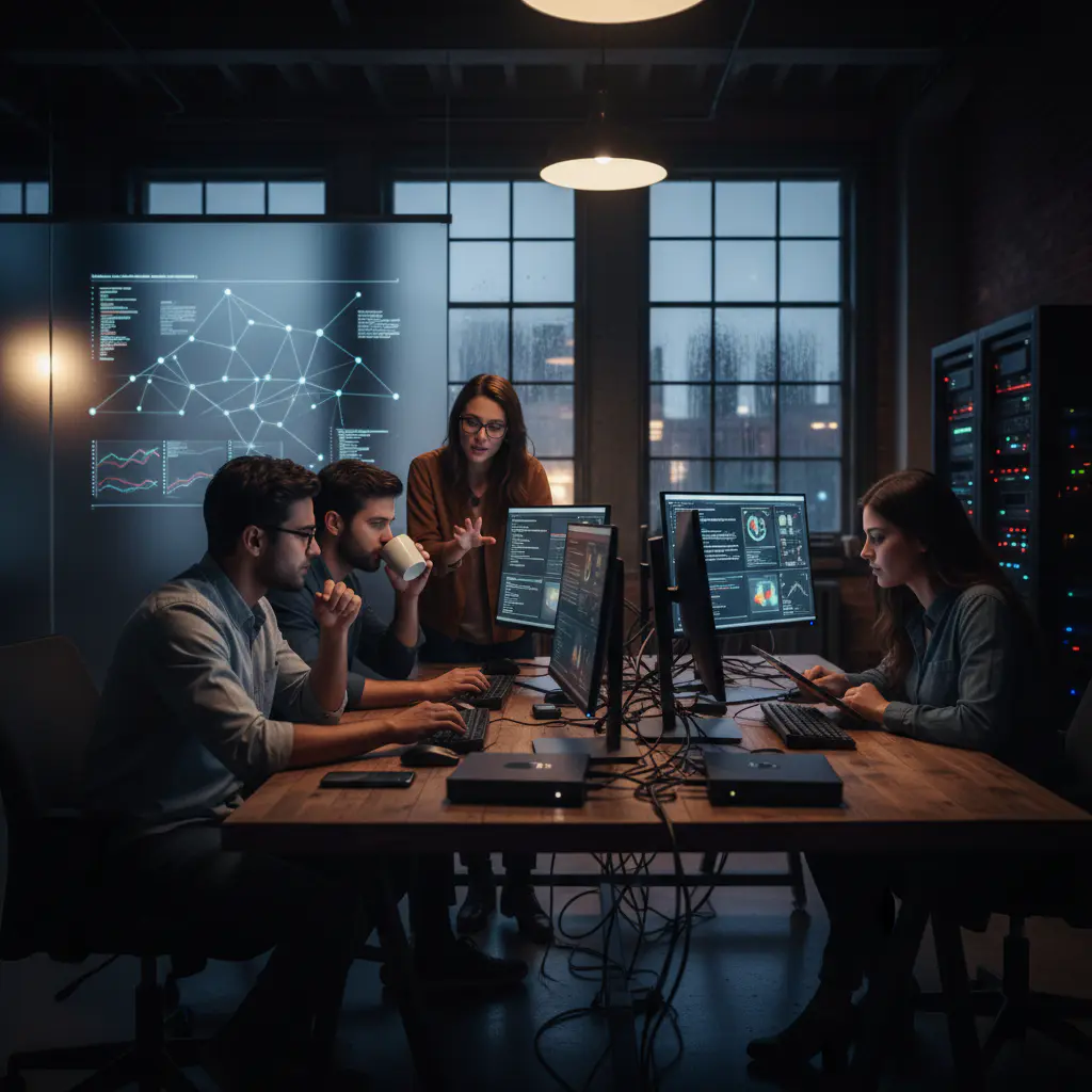 Startup team working on data